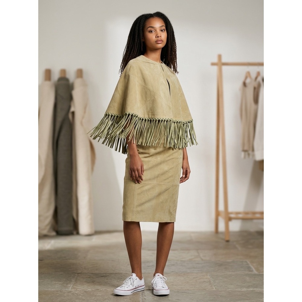 Terry Lewis Suede Cape and Skirt Set Sage Green Fringe Western Boho NWT